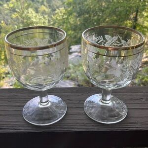 Vintage Bartlett Collins frosted Grape gold rim thumbprint wine goblets.